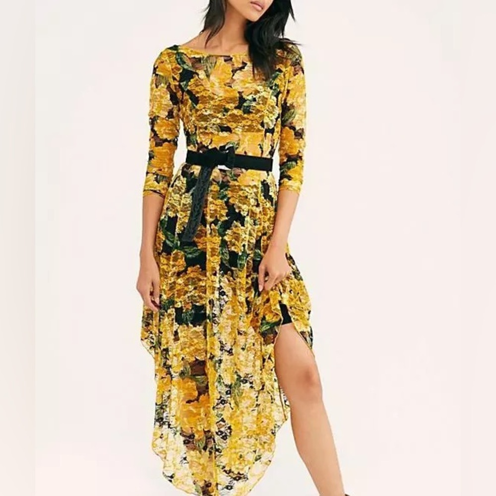 Free People Wanderer Sheer Yellow Flower Slip Dress